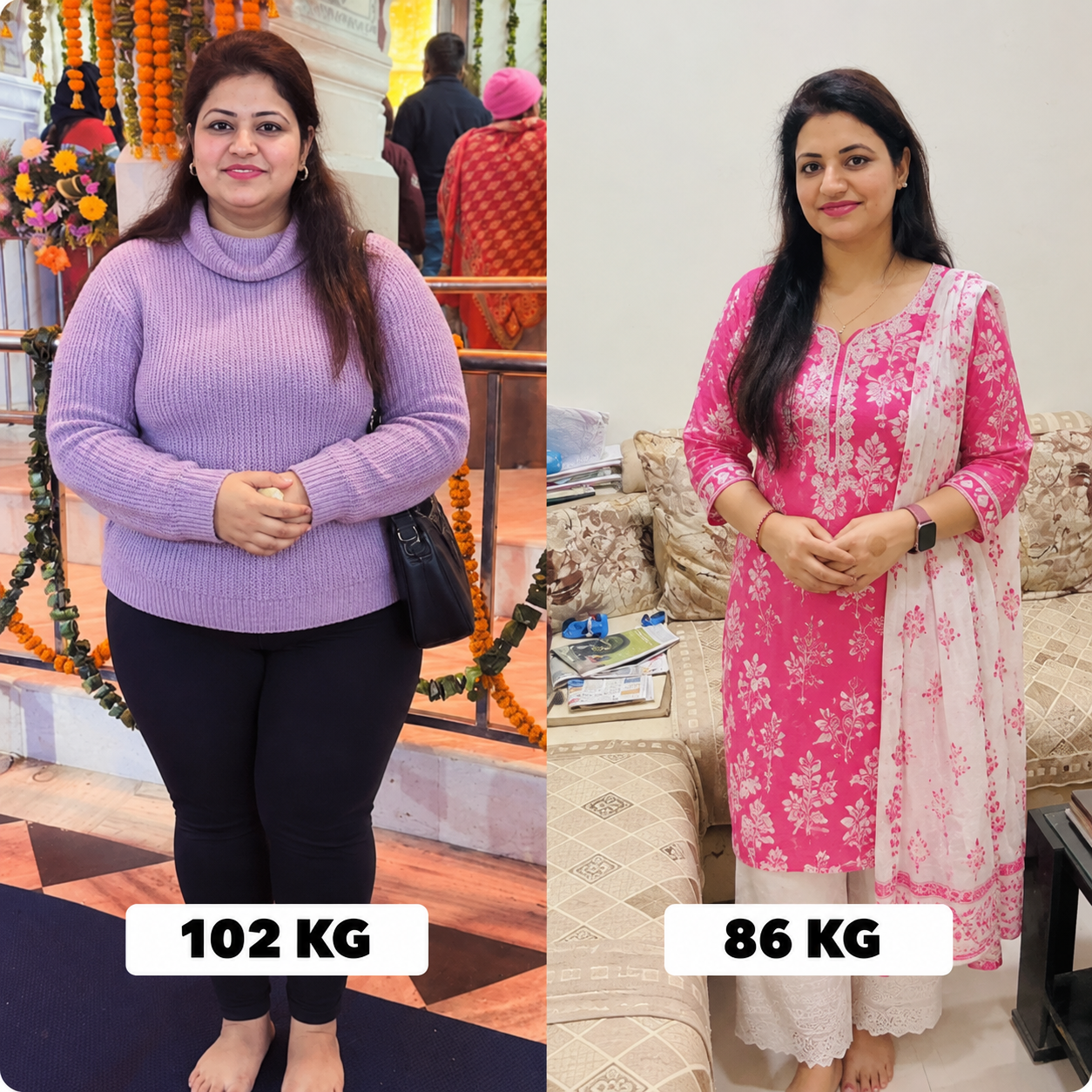 Customer before and after: 102 kg to 86 kg