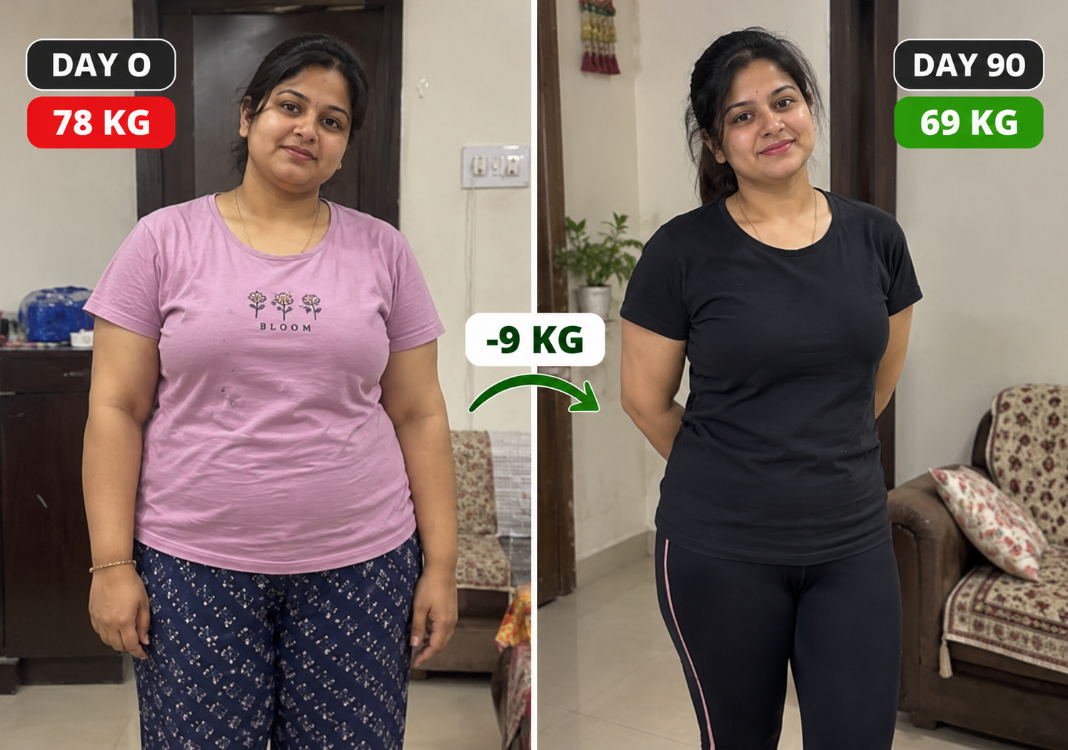 Customer before and after: 78 kg on day 0, 69 kg on day 90