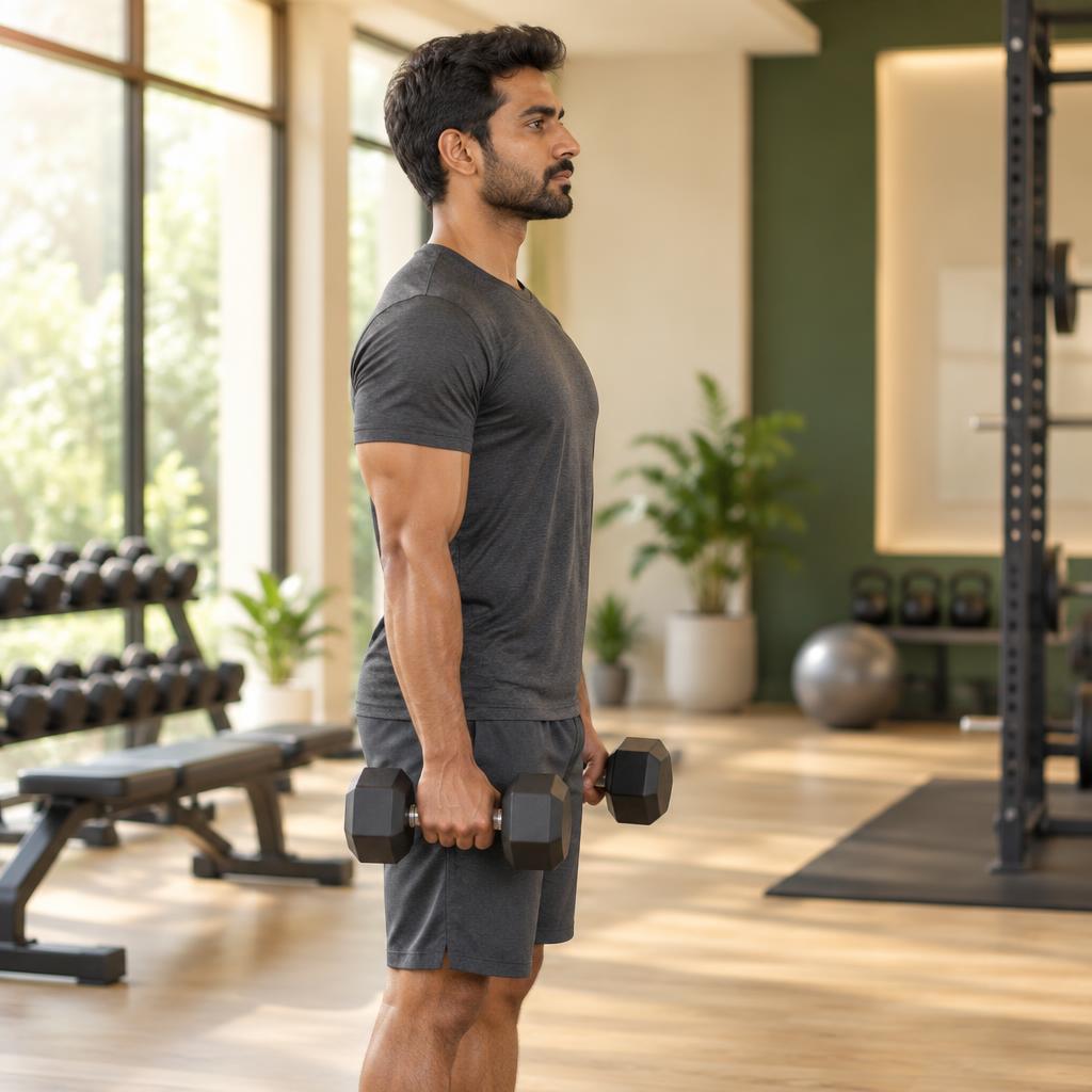 Man doing a structured dumbbell workout in a modern gym