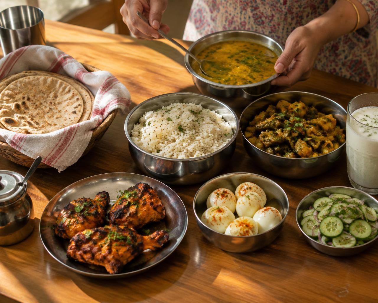 Home-cooked Indian meal with roti, dal, sabzi and rice